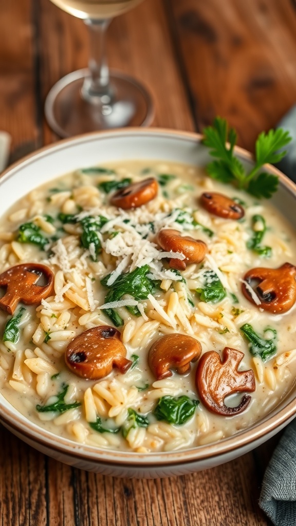 Creamy spinach and mushroom risotto in a bowl, garnished with Parmesan cheese, on a rustic table with a glass of wine.